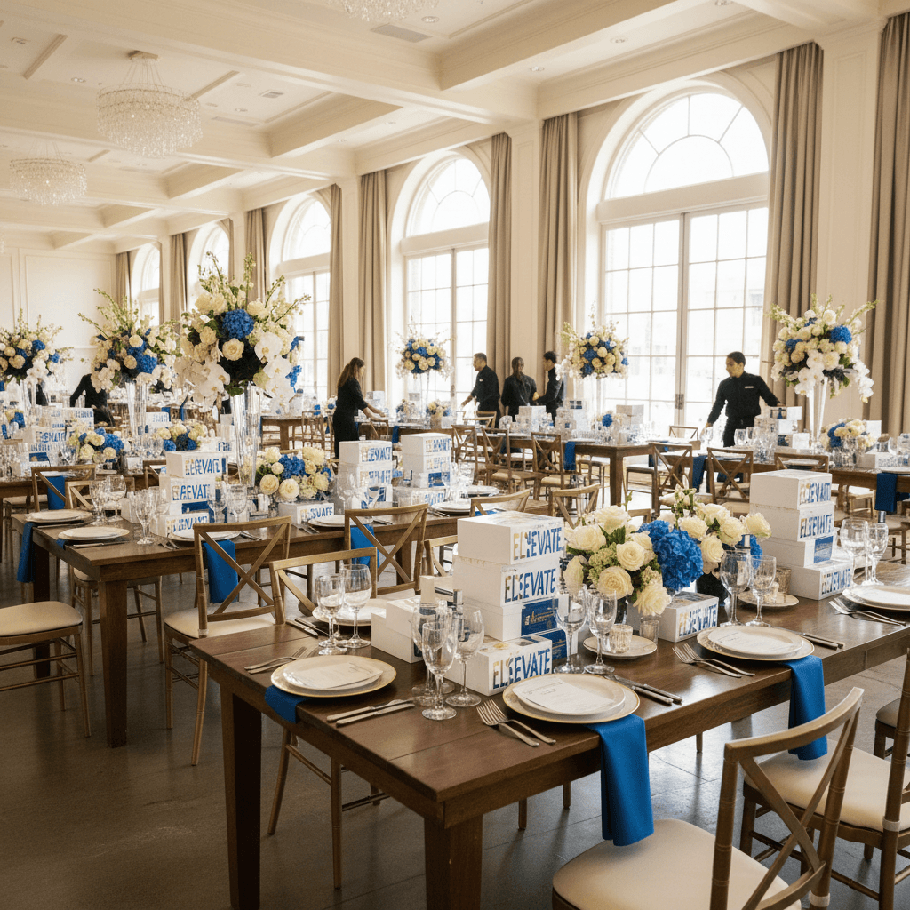 Corporate event setup with branded gifting displays