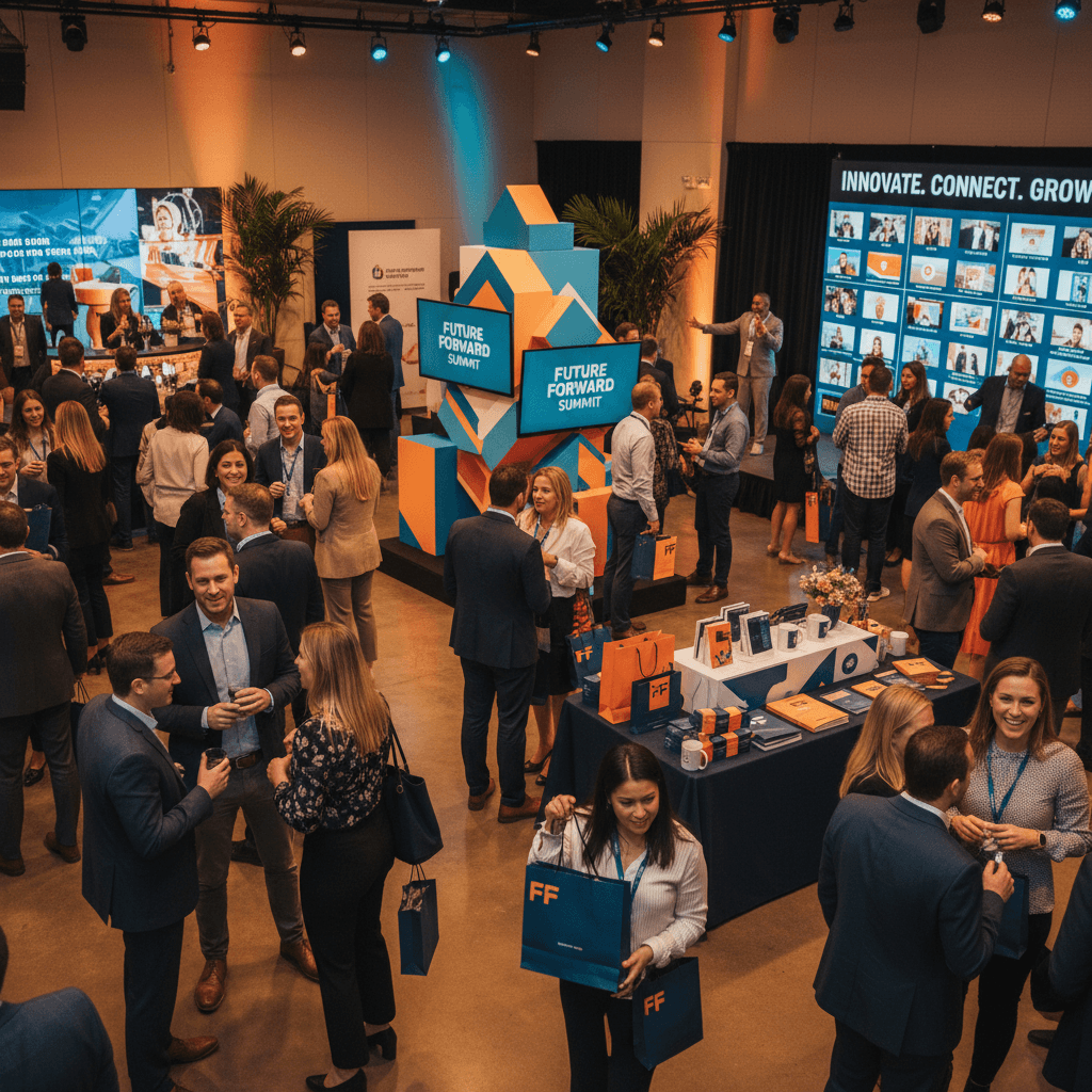 Corporate event attendees enjoying curated gifts and mingling