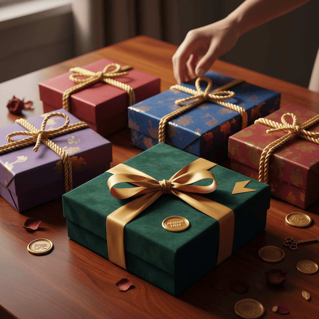 Curated luxury gift boxes with premium wrapping on wooden surface