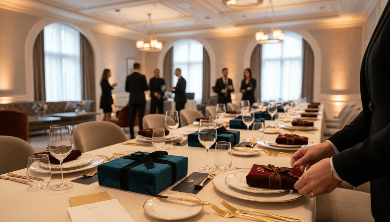 Professional event coordinator arranging premium gift boxes and branded materials at an upscale brand engagement event