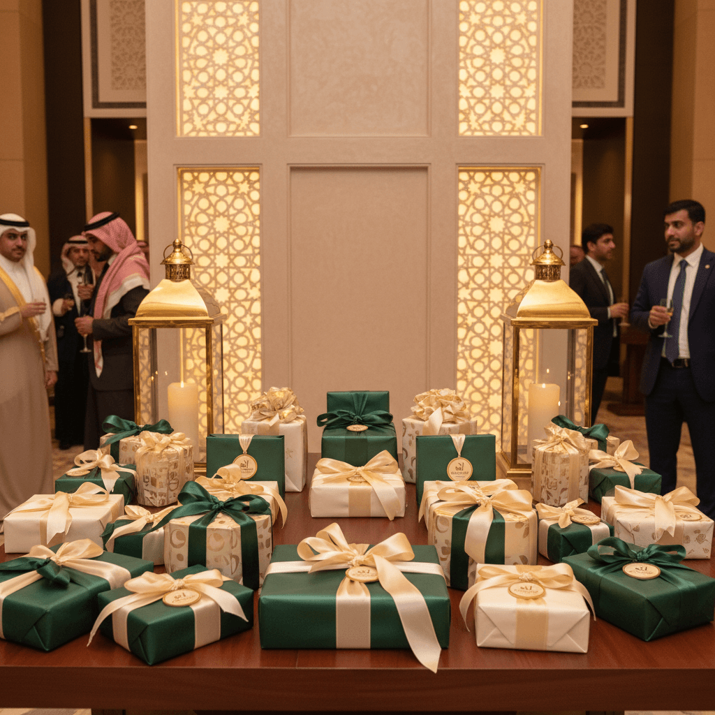 Luxurious gift display with premium packaging at a corporate event in Saudi Arabia.
