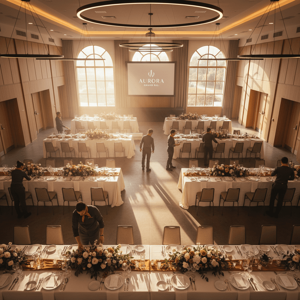 Event venue setup with staff arranging tables and branding