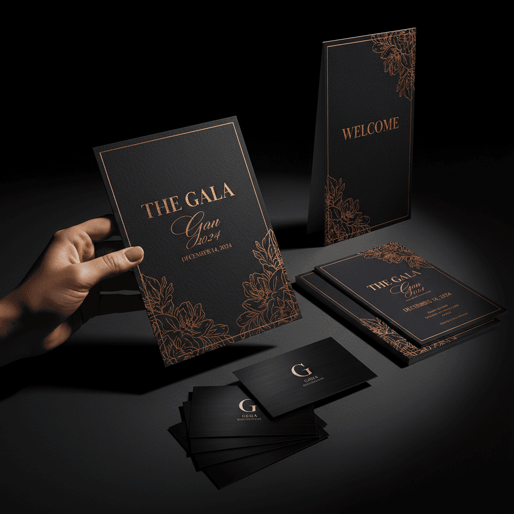 Premium branded event materials including invitations and signage