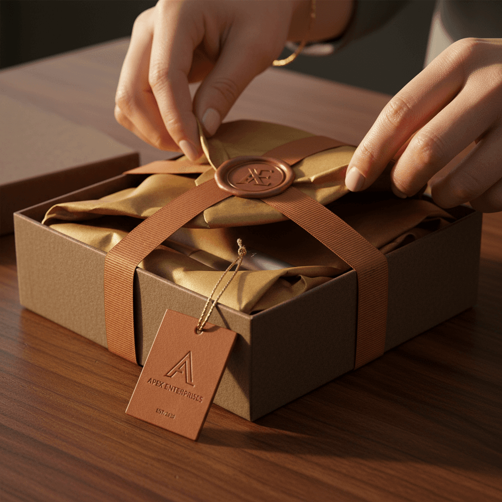Luxury corporate gift presentation and unwrapping