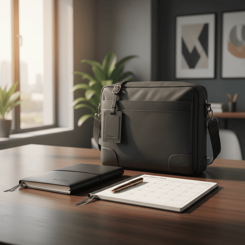 Employee essentials kit with notebook, calendar, and business bag on a desk.