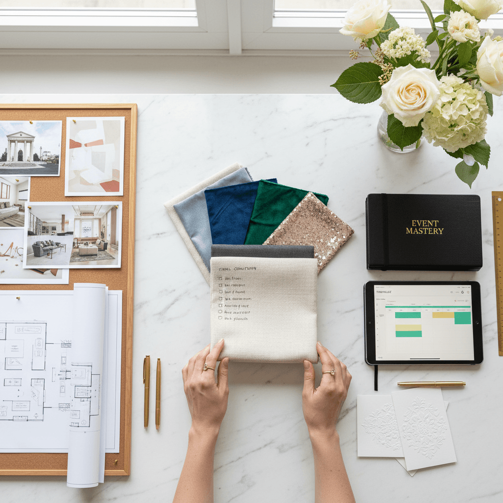 Event planner reviewing venue designs and floor plans