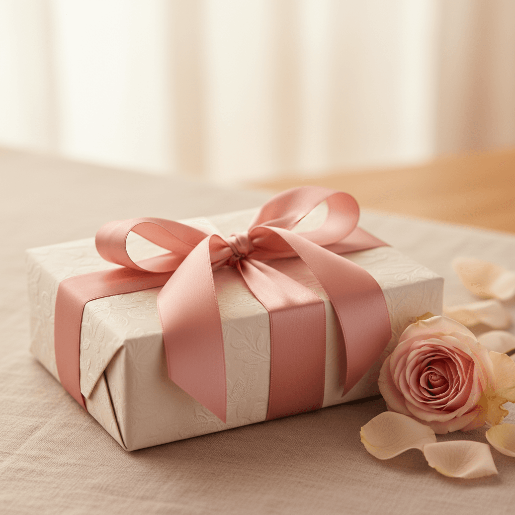 Hand-wrapped gift being placed in premium shopping bag