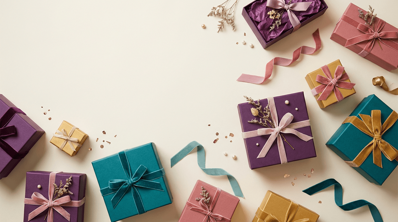 Professional team member reviewing event setup with carefully curated gift displays and modern branding elements