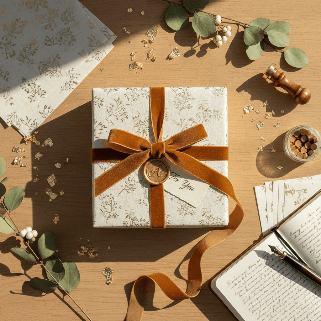 Elegantly arranged luxury gifts and event styling with warm ambient lighting