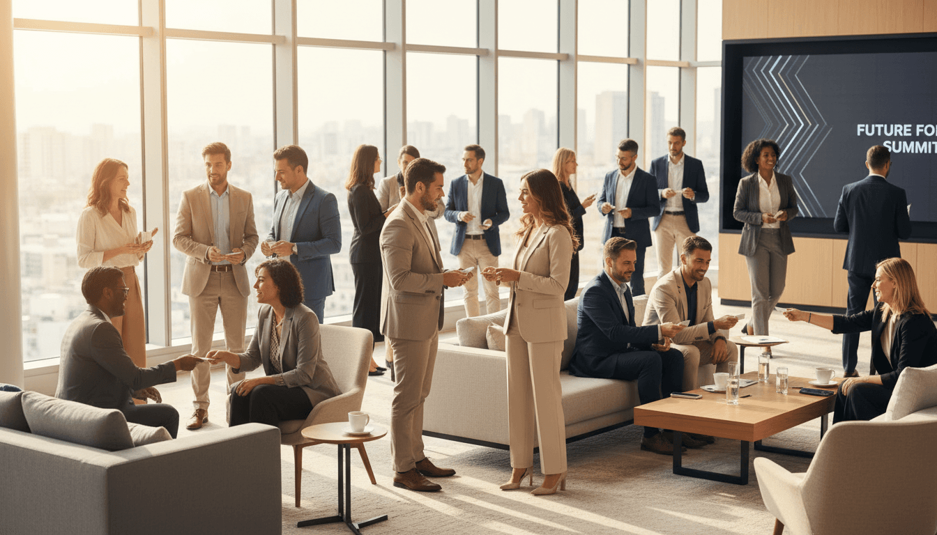 Professional corporate event with attendees networking in elegant venue