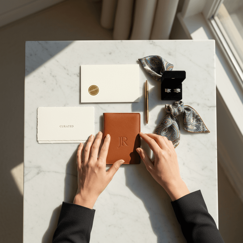 Elegantly arranged luxury corporate gifts and branded items on a modern display table